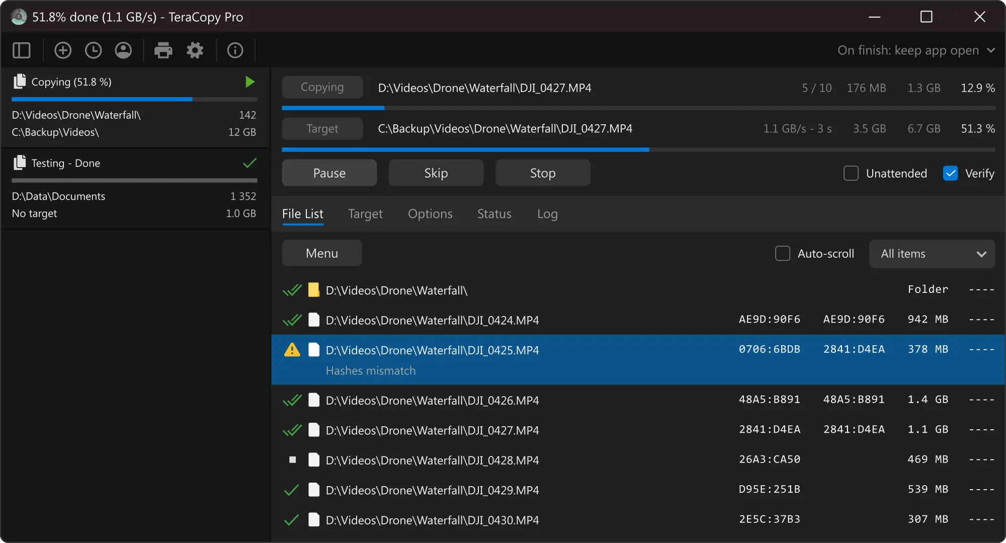 TeraCopy file list view showing transfer progress and status for each file