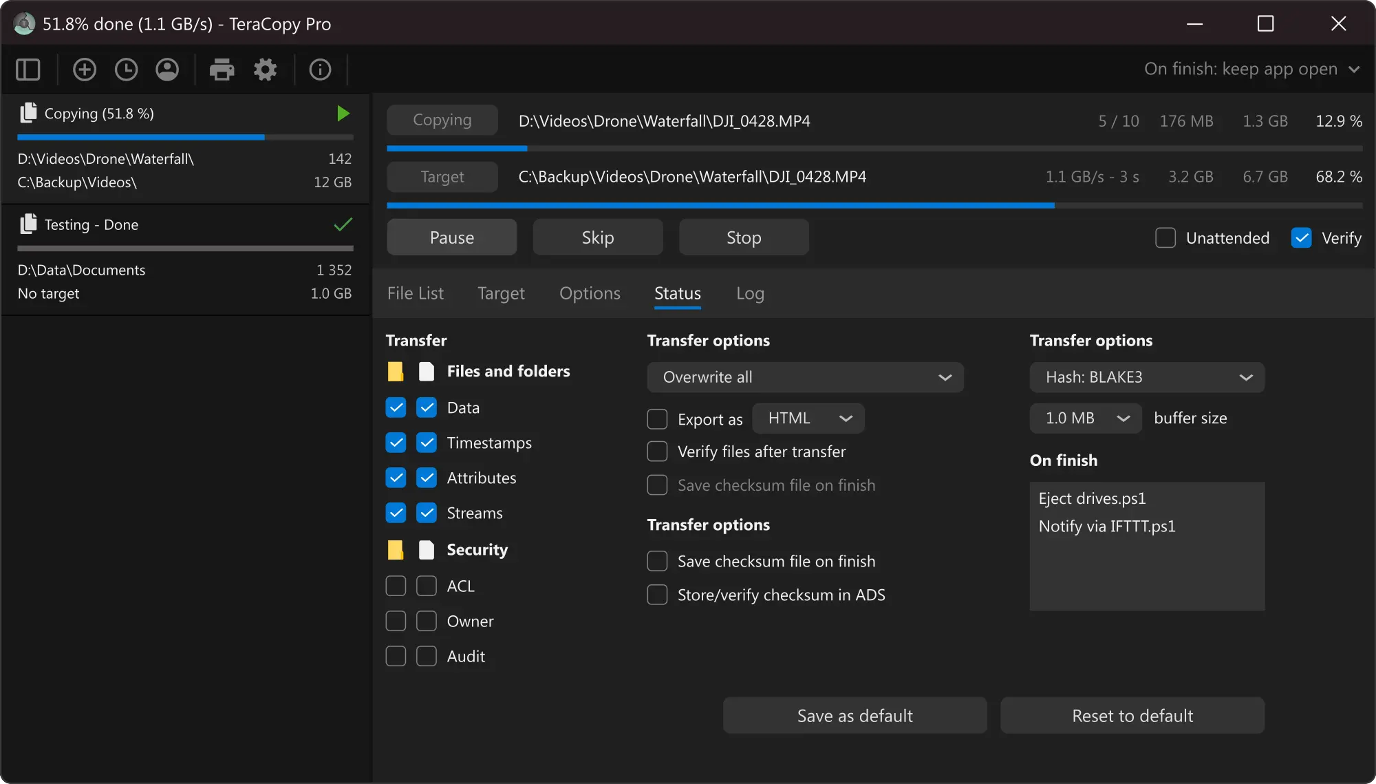 TeraCopy settings and options panel for configuring transfer behavior